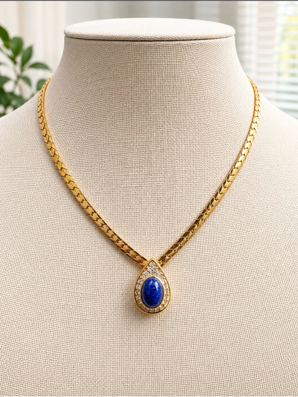 Christian Dior Gold Plated Blue Stone Pendant Herringbone Chain Necklace 34.45g